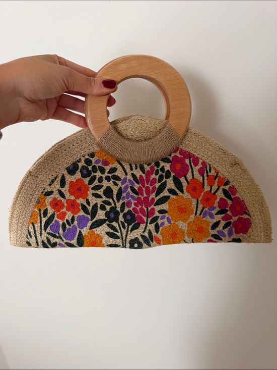 Antik Kraft Handbags - Antik Kraft Beige Straw Clutch with Orange, Pink and Purple Floral Embroidery